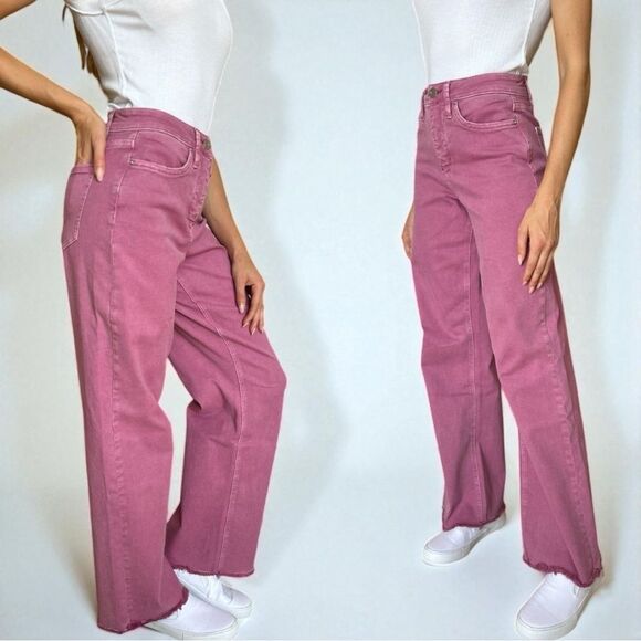 Rose Pink High Rise Wide Leg Frayed Hem Jeans - RFM NWT - Picture 11 of 16